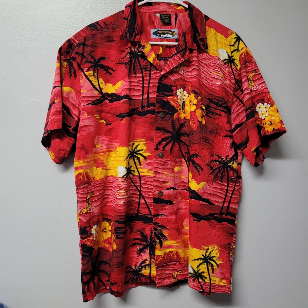 Palmwave Hawaii Mens Red Tropical‎ Sunset Palm Tree Hawaiian Shirt Size Large